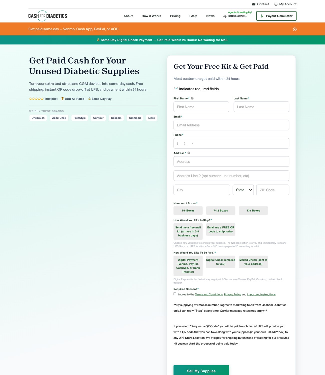 The Cash for Diabetics get-started experience we built