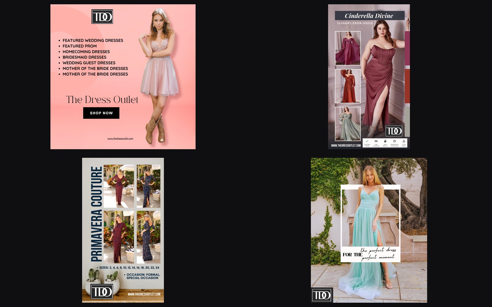 A slice of the ad library — promo, plus-size, wedding, and editorial, across image, carousel and video