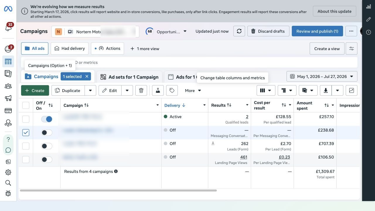 Meta Ads Manager — 262 form leads at £2.70 (May–Jul 2026)
