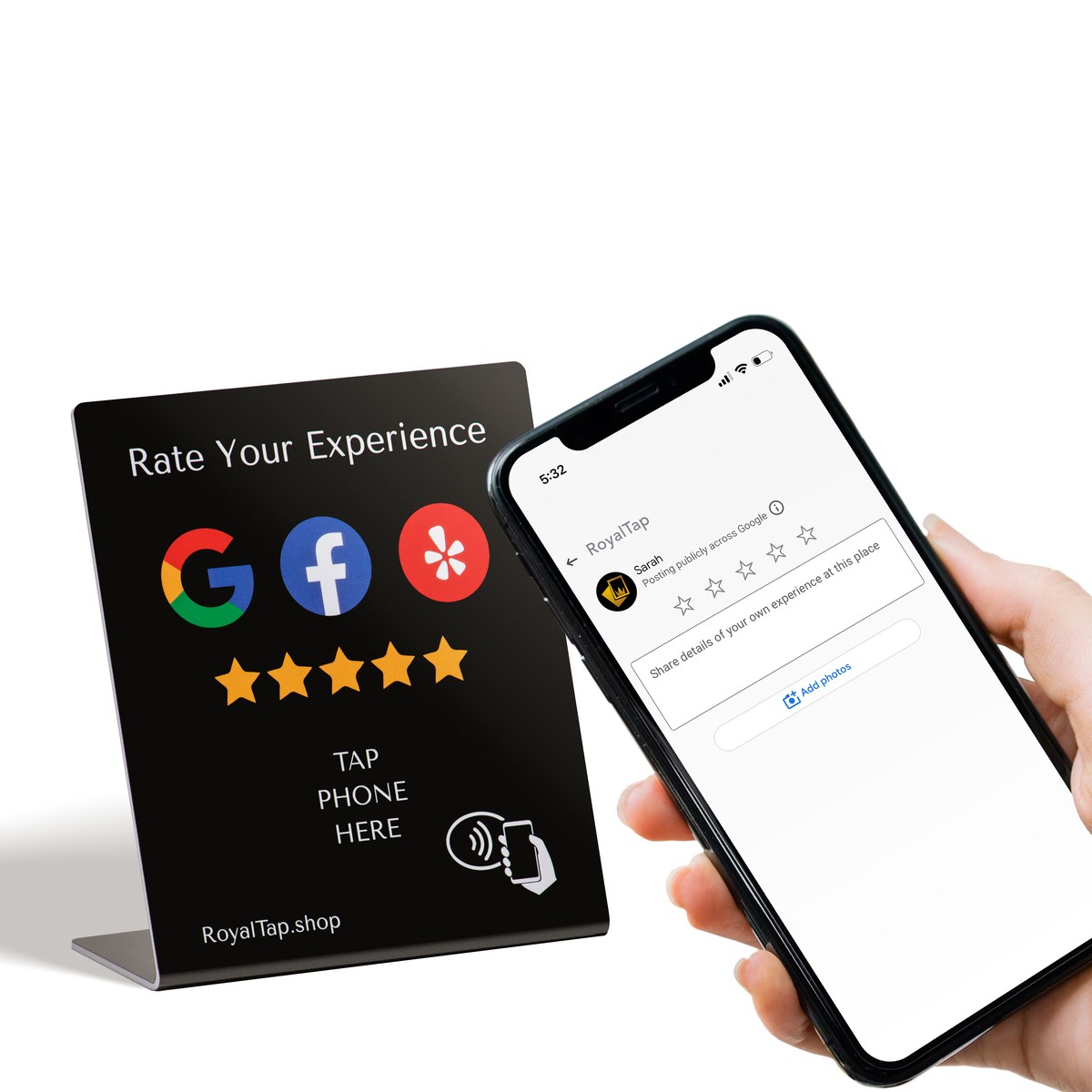 The RoyalTap review stand — tap a phone, leave a Google review in seconds
