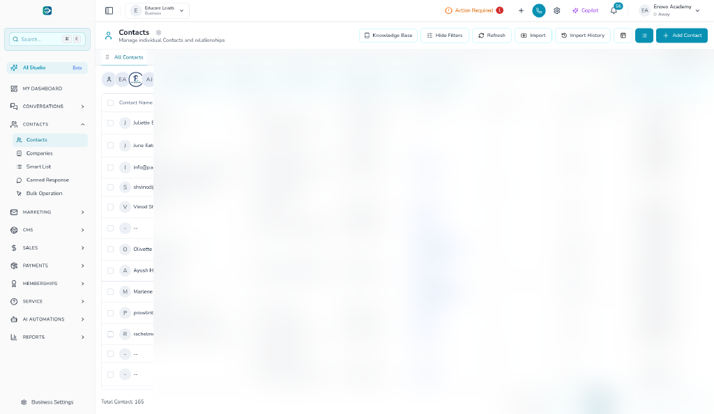 Vue contacts CRM eNovoOS